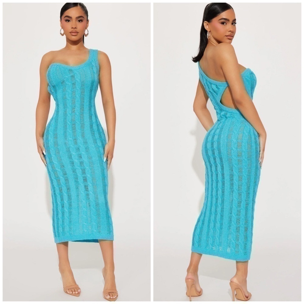 Fashion Nova Hera Blue One Shoulder Cut Out Knit Midi Dress Size M